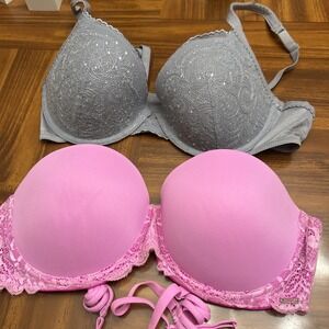 Lot‎ 2 VS Pink Aerie Padded 36c Bras Gray Rhinestone
